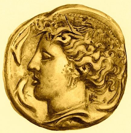 Trojansk mynt. Legg merke til de kaukasoide trekkene