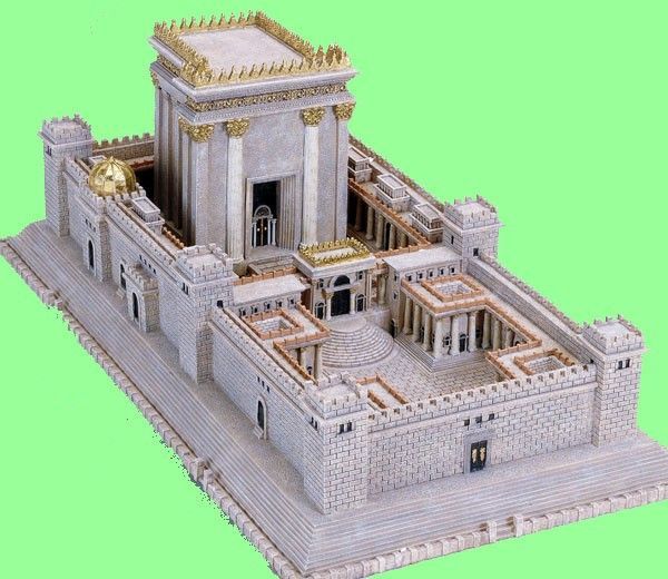 Kong Salomos tempel fra ca. 1004 f.Kr. var et mesterverk av byggekunst, der inventaret var laget av store mengder gull, sølv og kobber. Dette er en modell, slik man forestiller seg Salomos tempel