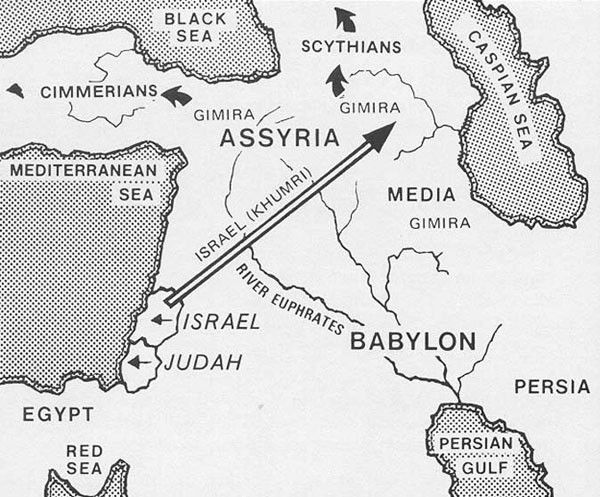 Kartskisse som viser hvor israels ti stammer (Israels hus) ble bortført av assyrerkongene