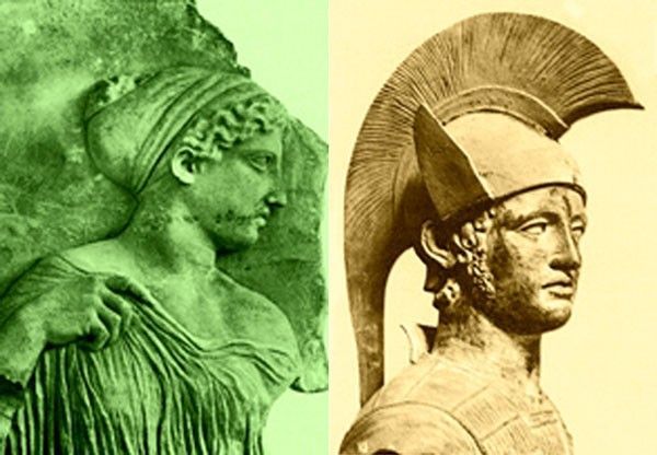 Oldtidens billedhuggere aom laget byster av greske guddommer, skildret dem med kaukasoide trekk. Til venstre Artemis, til høyre krigsguden Ares