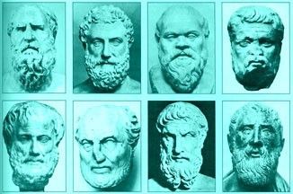 Et bystegalleri med greske filosofer og diktere. Alle viser kaukasoide trekk